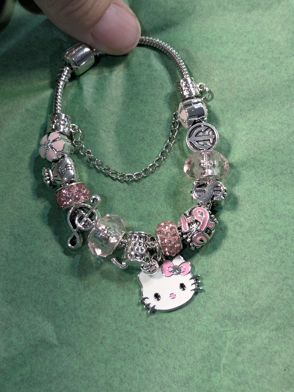 Silver Tone Hello Kitty Charm Bracelet with Pink Accents